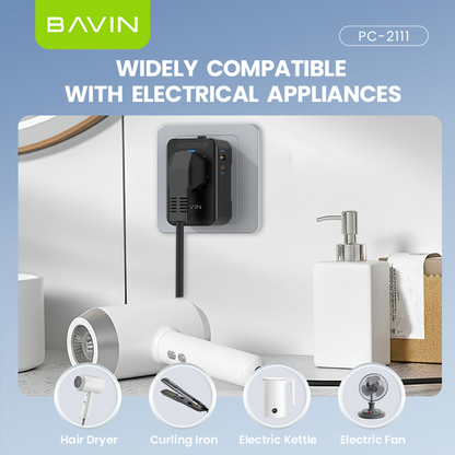 BAVIN PC2111 Universal Travel Adapter 20W Fast Charger USB-A + Type-C + QC | Multi-Port Plug w/LED Light