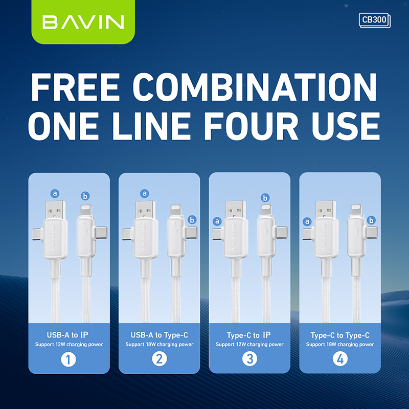 BAVIN CB300 4 in 1 Pd 12W + Type-C 18W Fast Charging Data Cable Nylon Braid Data Transfer for Phones