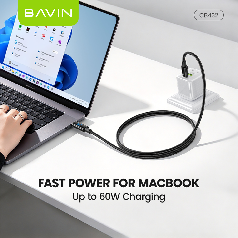 BAVIN CB432 60W PD USB C Fast Charging Data Cable 1M w/ LED Digital Display, Braided Nylon For iPhone 18