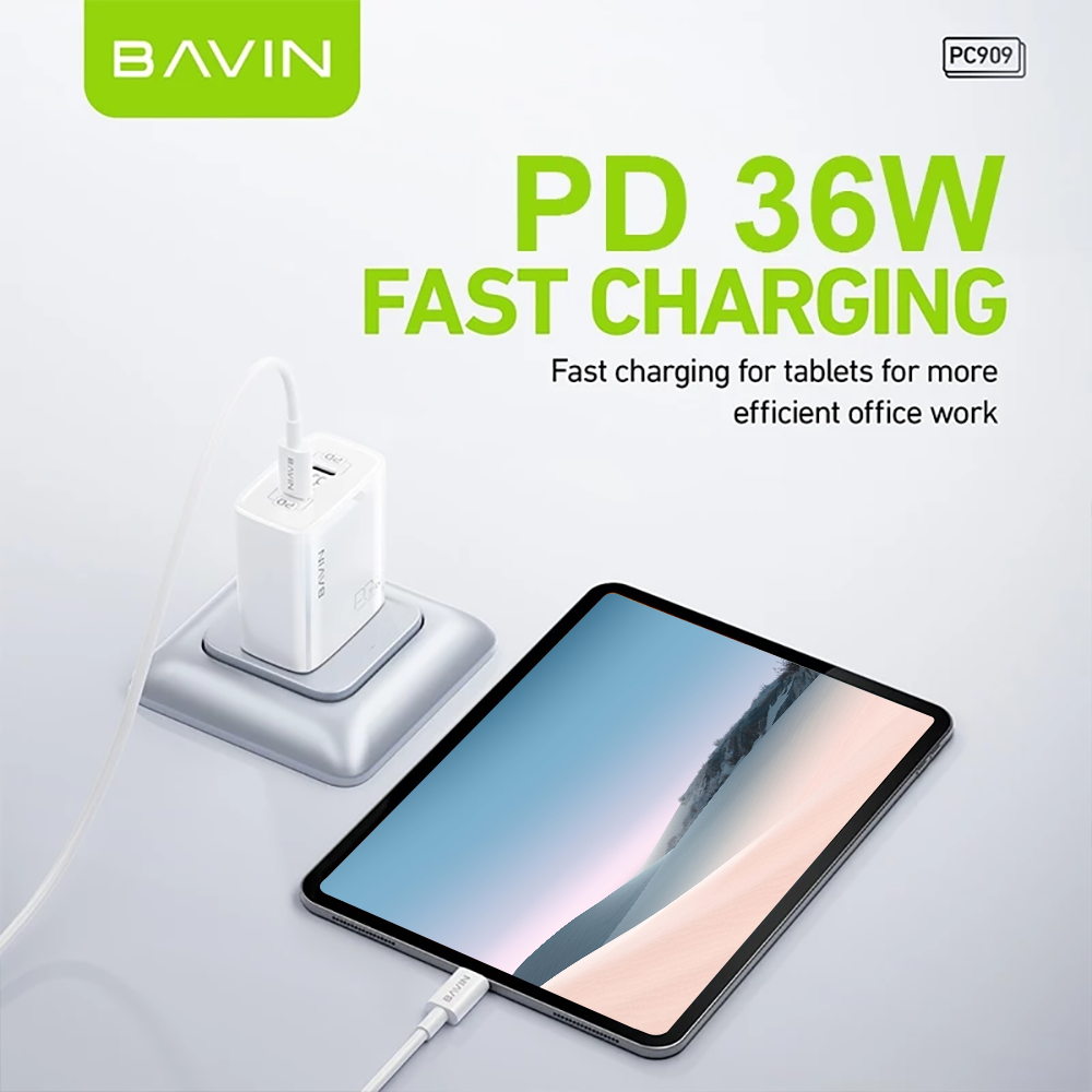 BAVIN PC908 / PC909 36W Dual Port Fast Charging Adaptor USB-C Port + USB Port QC 3.0 for Laptop Supports & iPhone 17