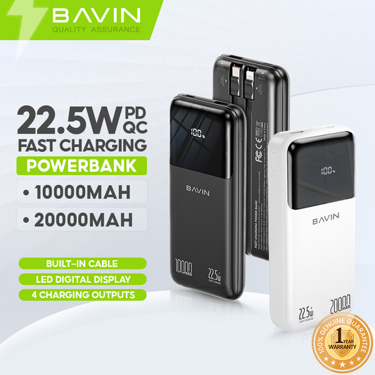 BAVIN Y-PC1171 20000mAh 22.5W Fast Charging Powerbank w/ Dual Built-in Cables & LED Digital Display