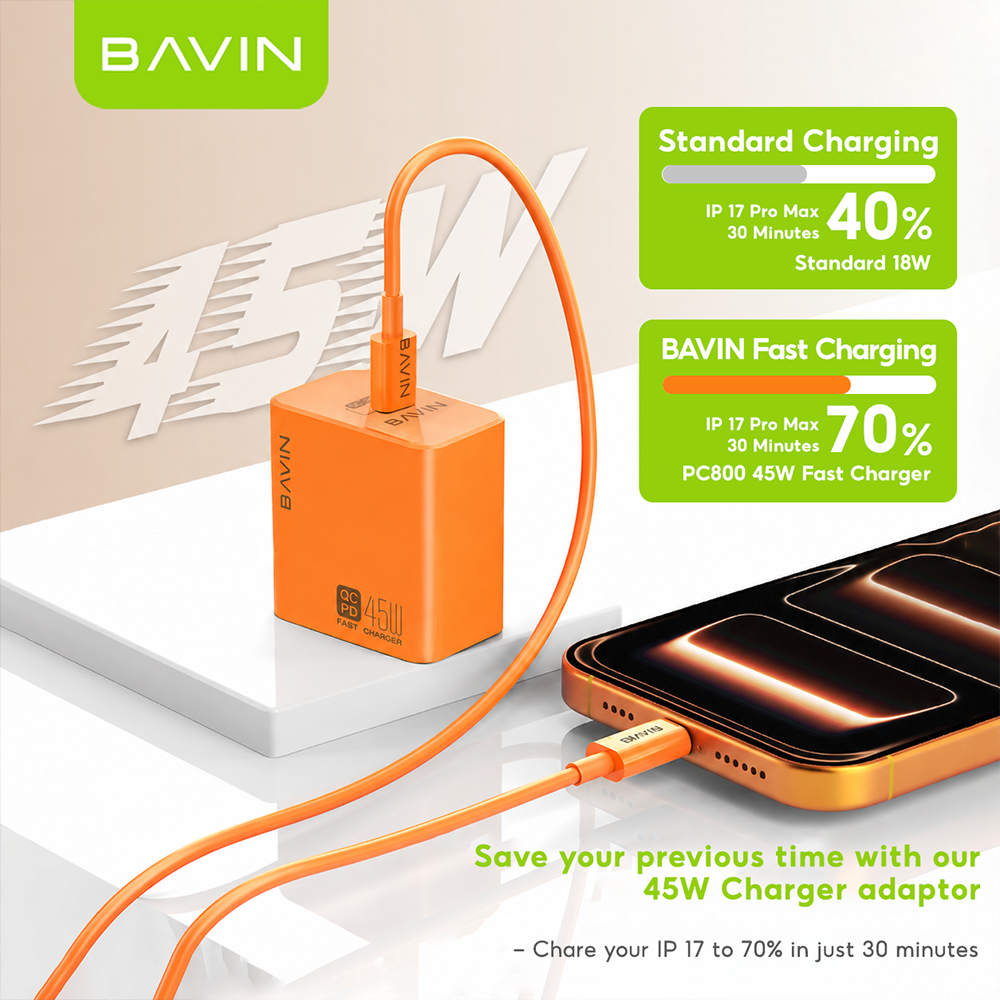 BAVIN PC800 45W PD Fast Charging Adapter Type-C Port Supports for iPhone 17 & Laptop w/ Date Cable