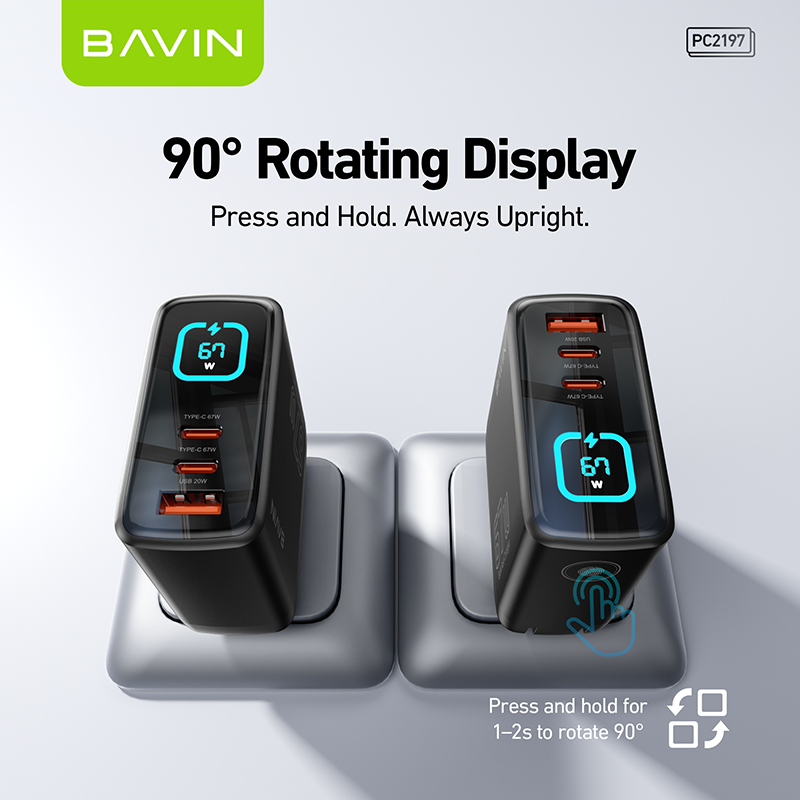 BAVIN PC2197 67W PD GaN Fast Charger w/ Smart LED Display + Foldable Plug + 3 USB Ports for Laptop, iPhone 17