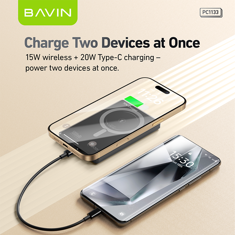 BAVIN Y-PC1133 5000mAh Ultra Thin Magnetic Wireless Powerbank w/ 20W Fast Charging Type-C In / Output for Smartphones