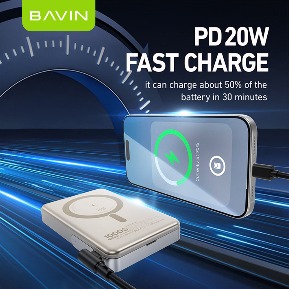 BAVIN Y-PC1168 10000mAh 15W Magnetic Wireless Powerbank 22.5W w/ PD 20W Type-C Fast Charging & Stand for Smartphones