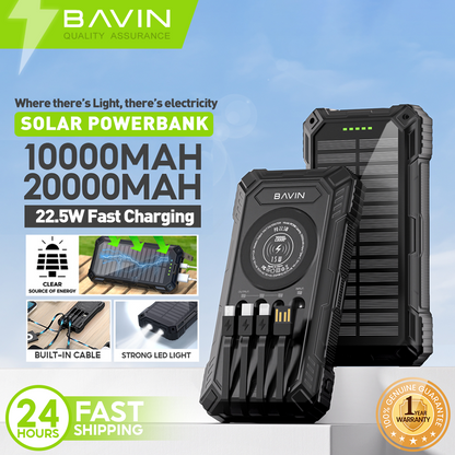 BAVIN Y-PC1118 20000mAh w/ Wireless & Y-PC1198 10000mAh Solar Powerbank 22.5W Fast Charge Built-in Cables & LED Light