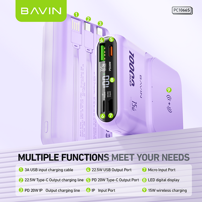 BAVIN PC1066 10000mAh 22.5W Portable Powerbank Fast Charging w/ Built-In Cable & Free Magnetic Ring