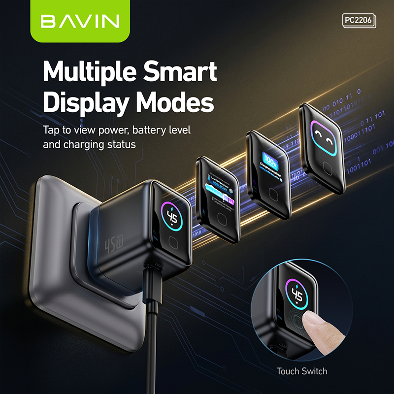 BAVIN PC2206 Mini 45W PD GaN Fast Charger Wall Adapter w/Smart Display+Foldable Plug for iPhone17/Laptop