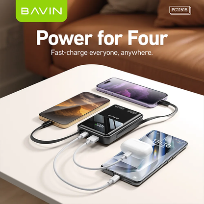 BAVIN PC1151 10000mAh Powerbank w/ 22.5W Triple Fast Charging Built-in Type-C & iPhone Cables | Smart LED Display