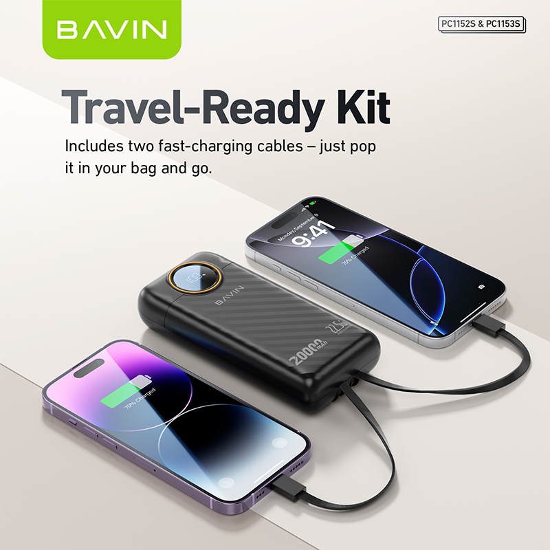 BAVIN Y-PC1152 10000mAh Fast Charging Powerbank 22.5W w/ LED Display & Built-in Dual Cables Type-C / iPh