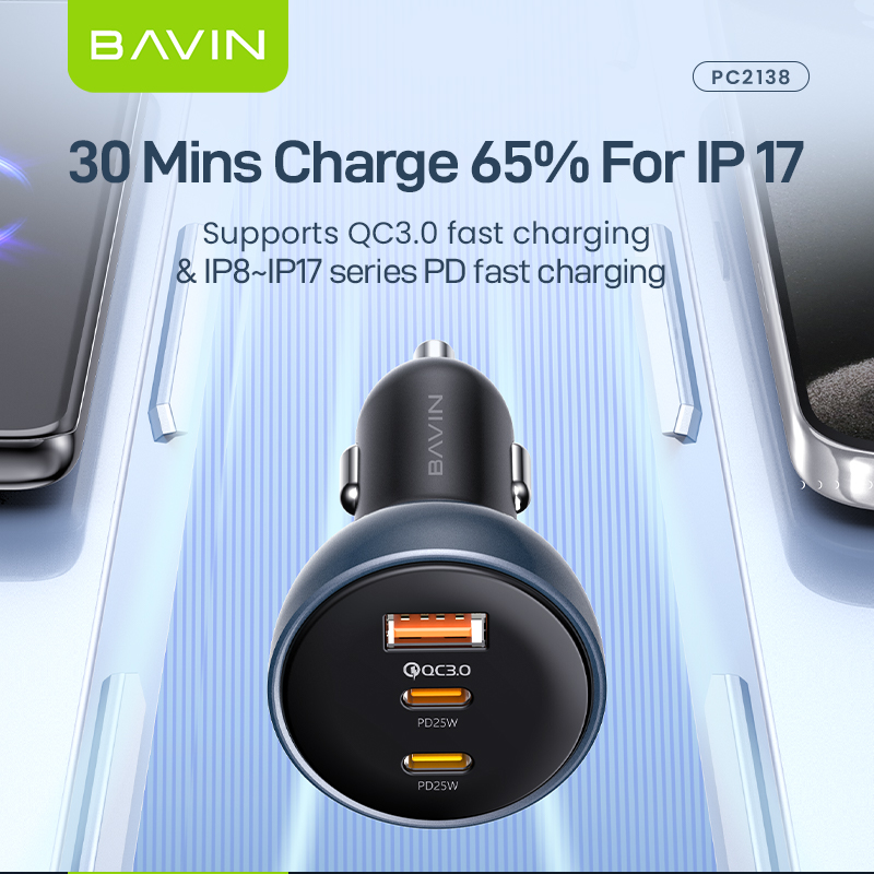 BAVIN PC2138 68W PD Fast Charging Car Charger w/ 25W 2x Type-C + 18W USB Ports QC3.0 for Phone