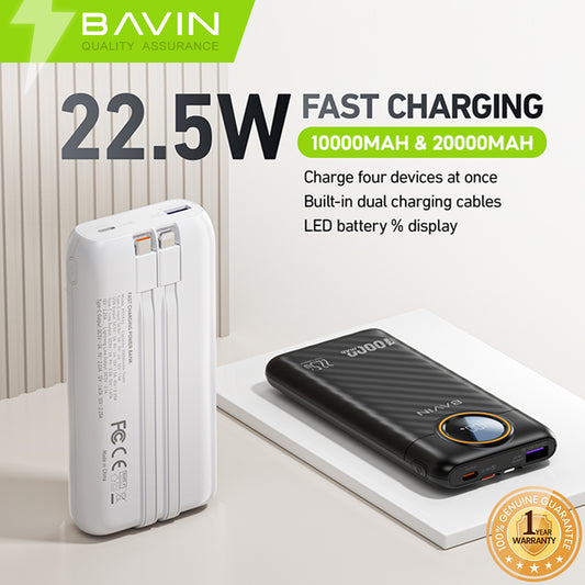 BAVIN Y-PC1152 10000mAh Fast Charging Powerbank 22.5W w/ LED Display & Built-in Dual Cables Type-C / iPh