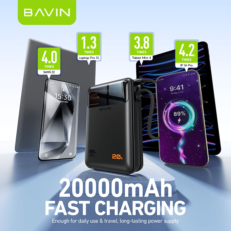 BAVIN Y-PC1188 20000mAh 65W /  PC1187S 10000mAh PD Fast Charging Powerbank w/ Built-in Type-C Cable | LED Display Laptop & Mobile Compatible