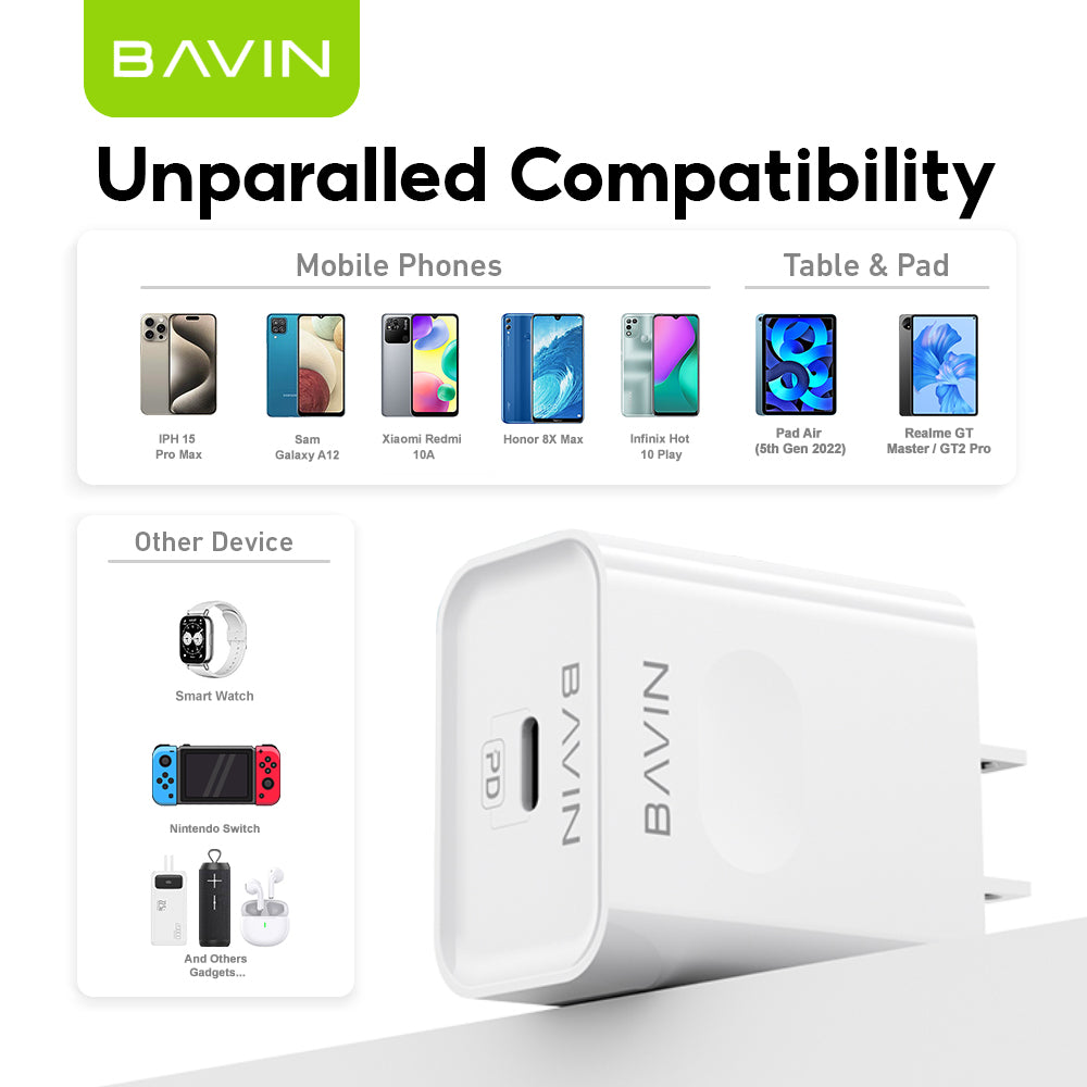 BAVIN PC837 20W PD Type-C Adapter Fast Charging Multi-Protection Charger Widely Compatible for Smartphones