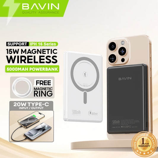 BAVIN Y-PC1133 5000mAh Ultra Thin Magnetic Wireless Powerbank w/ 20W Fast Charging Type-C In / Output for Smartphones