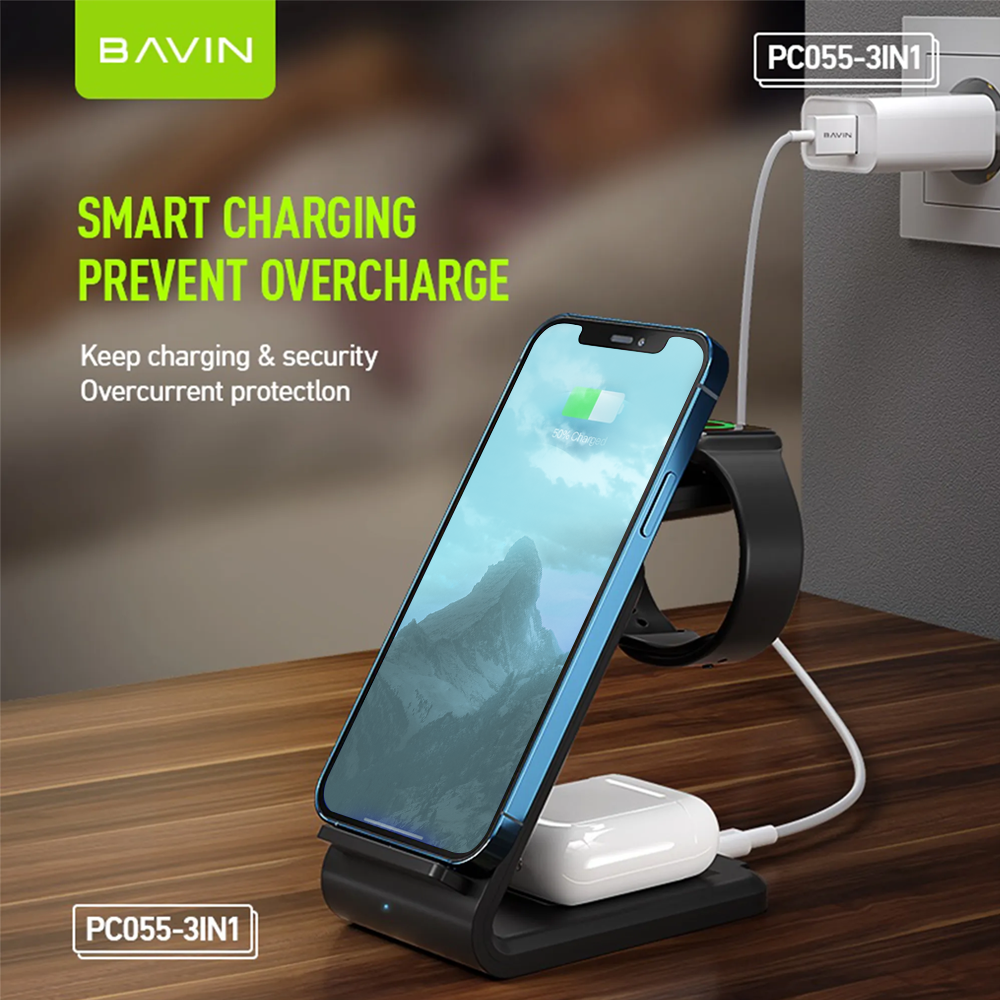 BAVIN PC055 3in1 Multifunctional Phone Stand w/ 15W Wireless Charger for iPhone Watch & Earbuds