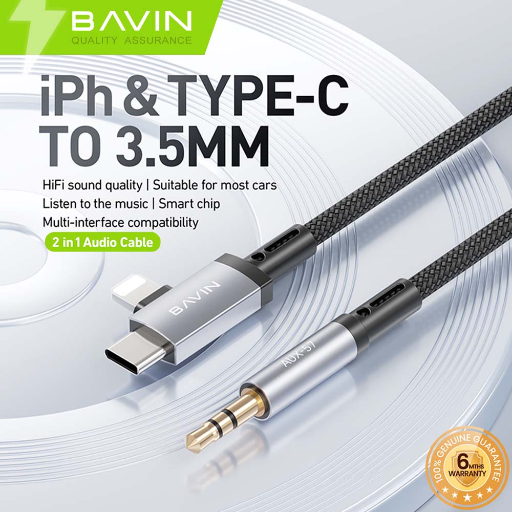 BAVIN H-AUX57 2 in 1 Hi-Fi Aux Cable 1 Meter for Type-C & iPhone to 3.5mm