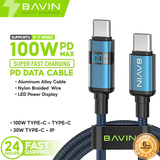 BAVIN CB368 100W PD Super Fast Charging Nylon Braided Data Cable w/ Digital Power Display For Laptop & Phones