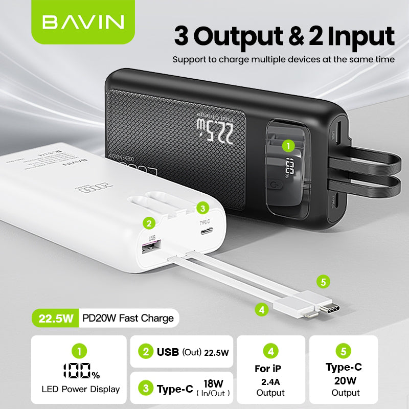 BAVIN PC008 10000mAh / PC007 20000mAh 22.5W Fast Charging Powerbank w/ Built-in Cable & LED Display