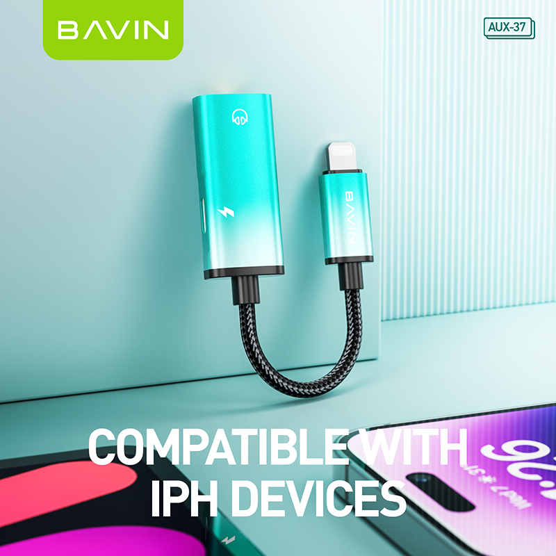 BAVIN AUX37 2-in-1 AUX Earphone Adapter iPhone to 3.5mm w/ Charging Port, Aluminum Alloy, Plug & Play