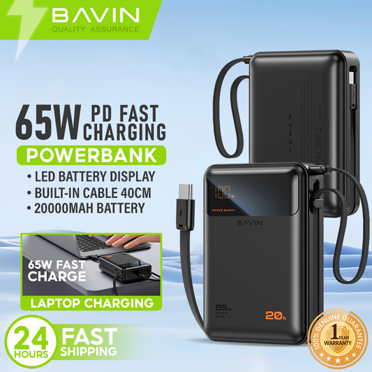 BAVIN Y-PC1188 20000mAh 65W PD Fast Charging Powerbank w/ Built-in Type-C Cable | LED Display Laptop & Mobile Compatible