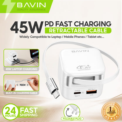 BAVIN C-PC2073 45W PD Fast Charger w/ Built-in Retractable Type-C & iPh Cable, Compatible w/ Smartphone / Laptop & Tablets