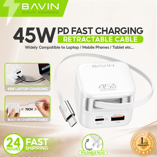 BAVIN C-PC2073 45W PD Fast Charger w/ Built-in Retractable Type-C & iPh Cable, Compatible w/ Smartphone / Laptop & Tablets