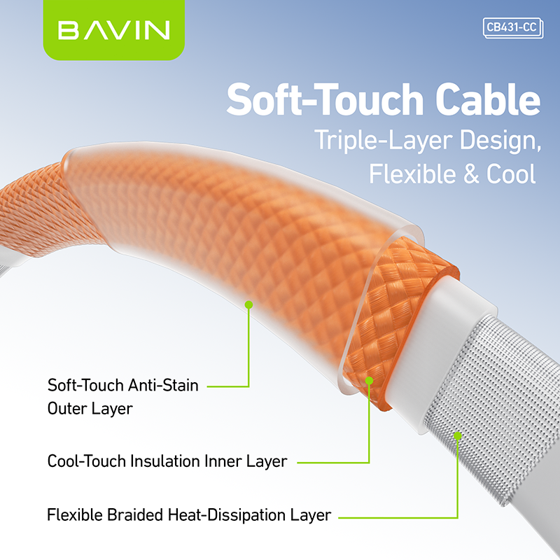 BAVIN CB431 66W PD Fast Charging 1M Braided Data Cable USB to Type-C & Type-C to Type-C w/ LED Display