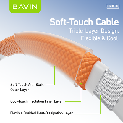 BAVIN CB431 66W PD Fast Charging 1M Braided Data Cable USB to Type-C & Type-C to Type-C w/ LED Display