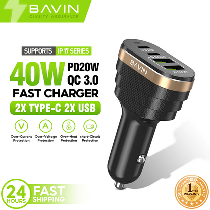 BAVIN PC587 40W Car Charger w/ Dual USB 3.0 + 20W PD Type-C Fast Charging for iPh & Android (Supports iPh17 Series)