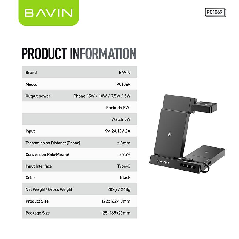 BAVIN PC1069 Portable Multi-functional 6-in-1 Wireless Docking Charger Station Smart Watch Mobile