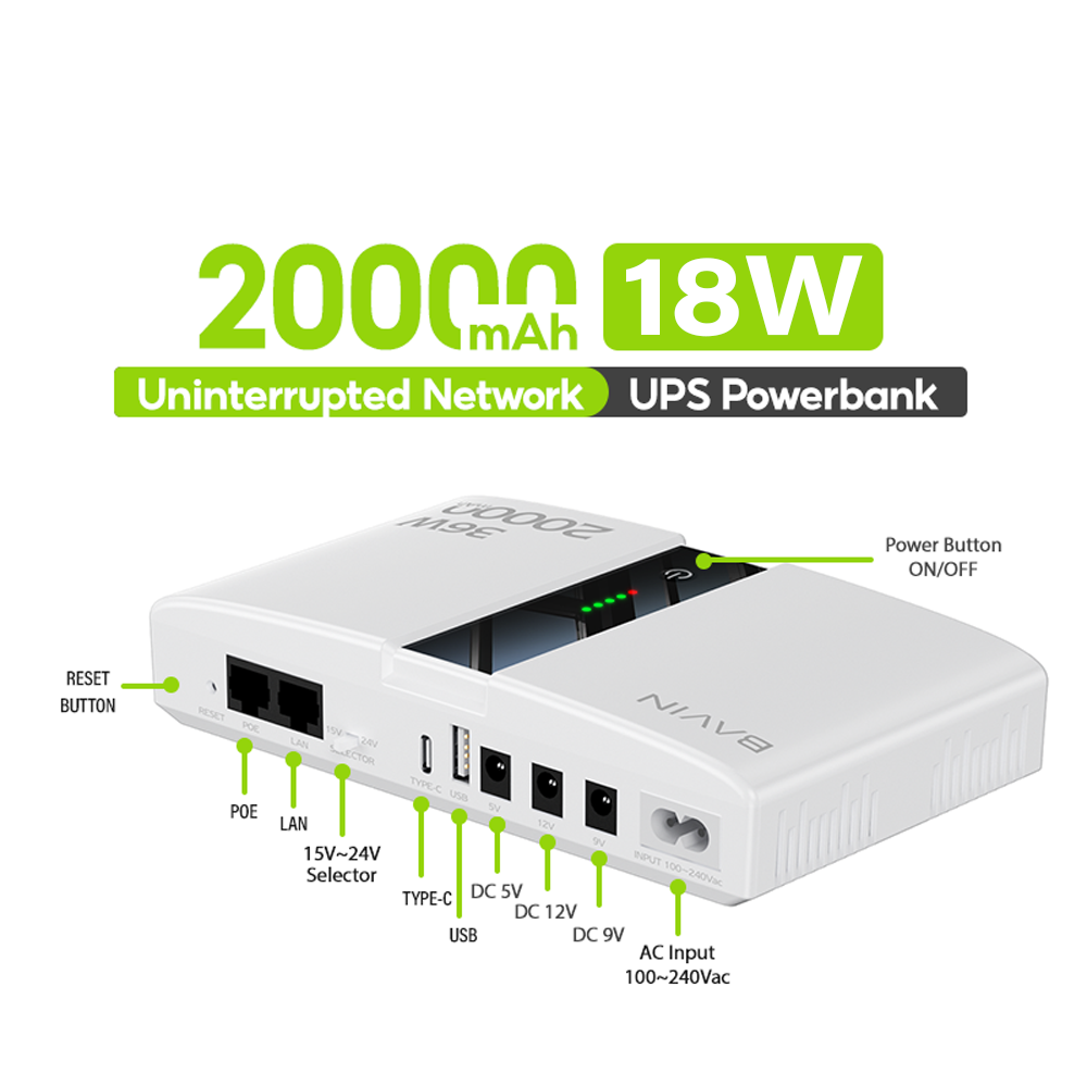 BAVIN PC1238 Portable 18W/36W 20000mAh UPS Uninterrupted Backup Powerbank for PoE Sensor, Router, CCTV