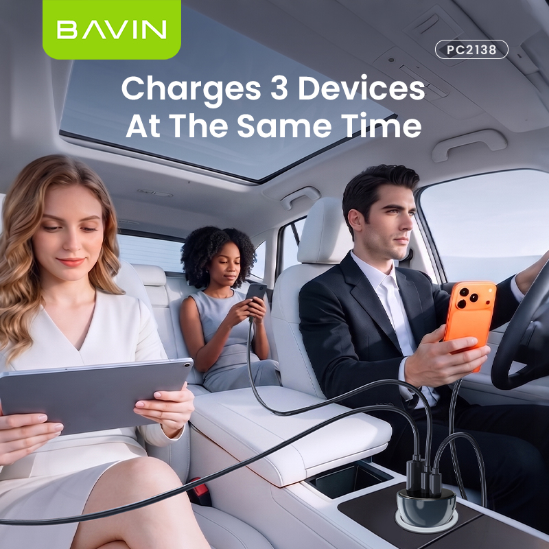 BAVIN PC2138 68W PD Fast Charging Car Charger w/ 25W 2x Type-C + 18W USB Ports QC3.0 for Phone