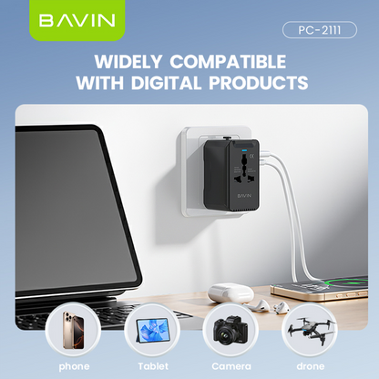 BAVIN PC2111 Universal Travel Adapter 20W Fast Charger USB-A + Type-C + QC | Multi-Port Plug w/LED Light
