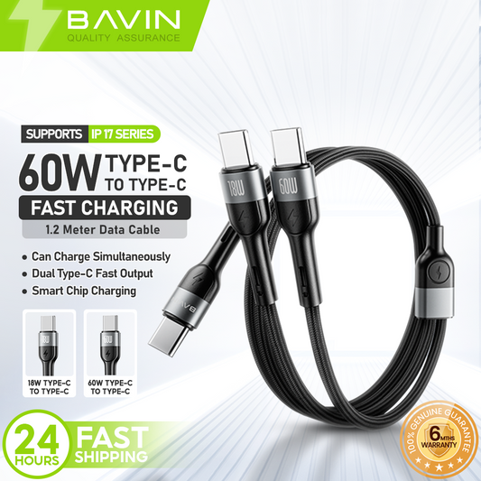 BAVIN U-CB378 60W+18W 2-in-1 Fast Charging Cable Type-C to Type-C 1.2m Nylon for iPh & Android (Supports 17 Series)