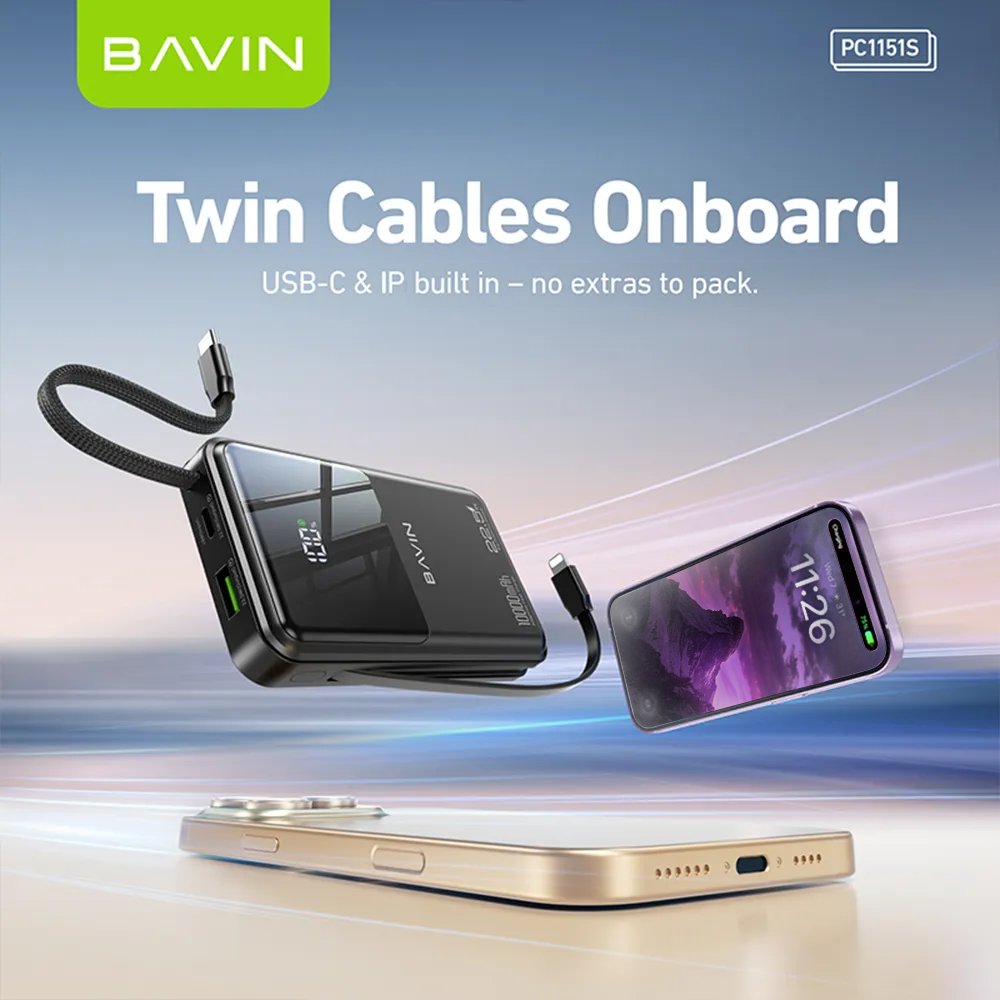 BAVIN PC1151 10000mAh Powerbank w/ 22.5W Triple Fast Charging Built-in Type-C & iPhone Cables | Smart LED Display