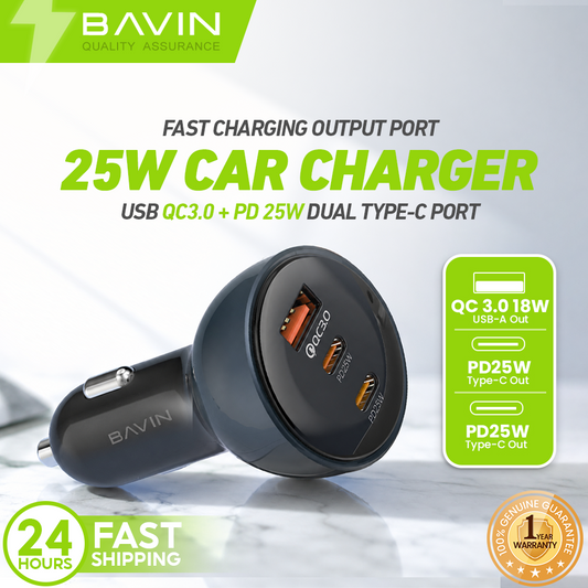 BAVIN PC2138 68W PD Fast Charging Car Charger w/ 25W 2x Type-C + 18W USB Ports QC3.0 for Laptop/Phone