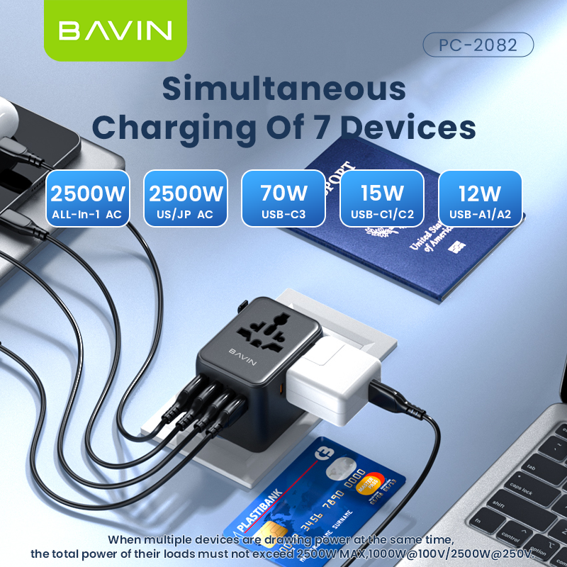 BAVIN PC2080 70W / 45W PD GaN Fast Charging Adapter & Multi-Port Universal Plug Charger for Laptop, Phones & Tablets