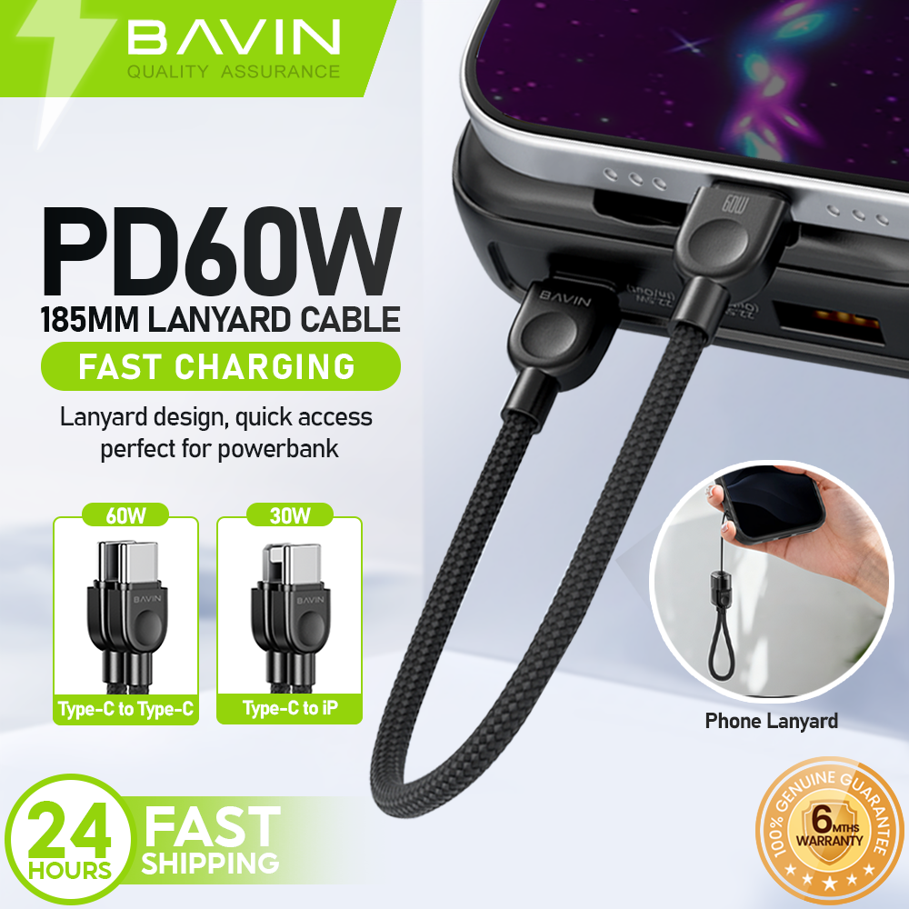 BAVIN CB411 Portable PD 60W Fast Charging 18.5cm Data Cable | Type-C to C / Type-C to iPhone | Lanyard Design Durable