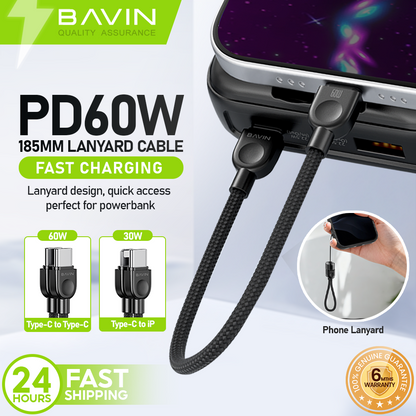 BAVIN CB411 Portable PD 60W Fast Charging 18.5cm Data Cable | Type-C to C / Type-C to iPhone | Lanyard Design Durable