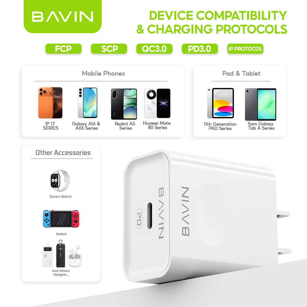 BAVIN PC837 20W PD USB C Charger QC3.0 Fast Charging Adapter for iPhone 12-17/ S23 S24 S26 S25 Smartphone