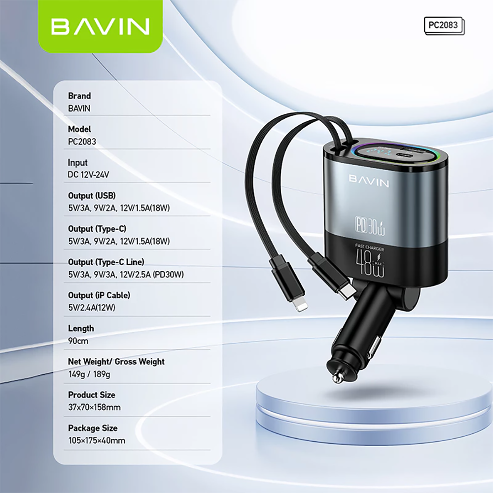 BAVIN PC2083 4-in-1 48W Fast Charging Car Charger with Retractable Cables for iPhone & Android (Supports 17 Series)