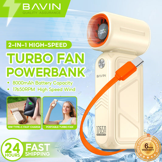 BAVIN BF-015 2-in-1 Handheld Mini Turbo Fan 17650RPM Rechargeable & 8000mAh Powerbank w/ 5-Speed Adjustable, LED Display