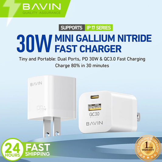 BAVIN PC977 GaN 30W PD Super Fast Charging Adapter USB-C & USB Port for iPh, Laptop & Android (Supports 17 Series)