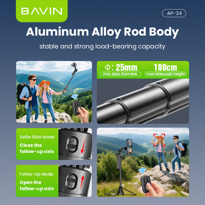 BAVIN D-Z-P24 AI Tripod Stand 360° Auto Face & Motion Detection w/ Wireless BT Remote Adjustable 32-180cm for Phone / Camera