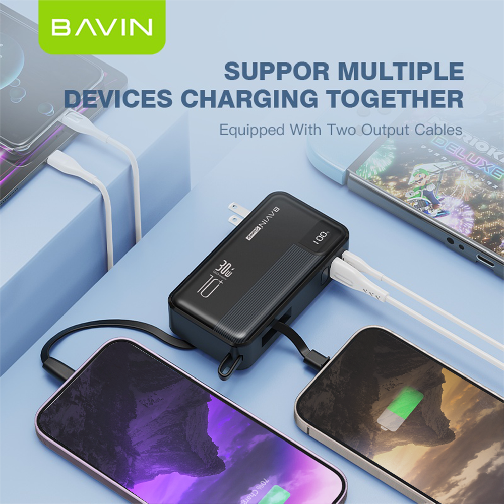 BAVIN PC018 10000mAh 30W Fast Charging Power Bank Built-in Type-C / iPhone Cable & Plug for iPhone 17