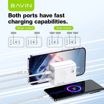 BAVIN PC859 36W Super Fast Charging Dual Port PD + QC3.0 w/ 1 Meter Data Cable Widely for Laptop Supports / iPhone 17