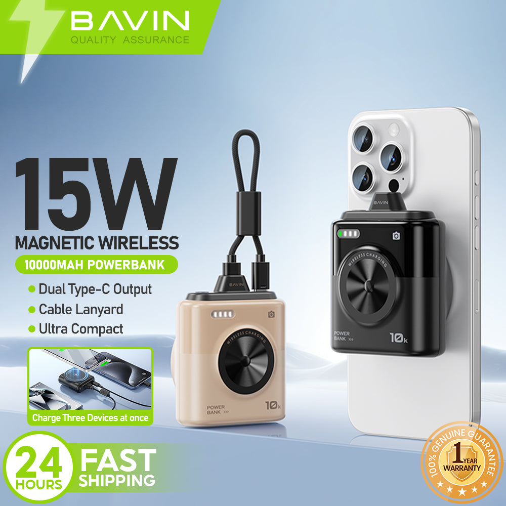 BAVIN Y-PC1186 10000mAh Mini Portable Magnetic Powerbank Wireless 15W Fast Charging w/ Detachable Dual Type-C Data Cable