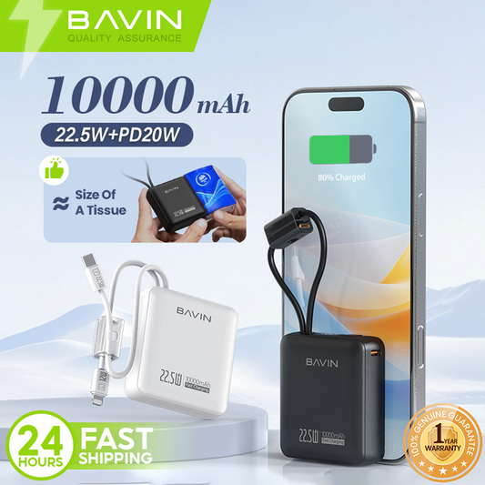 BAVIN PC1137 10000mAh Mini Powerbank 22.5W Fast Charging w/ Built-in Cables Compatible for Android & iPhone 6-17 Series