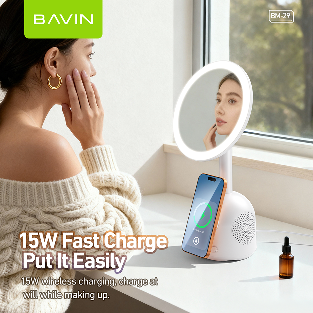 BAVIN BM29 Multifunctional Makeup Mirror Bluetooth Speaker w/ 15W Magnetic Wireless Fast Charging + Freebie 30WPD Charger